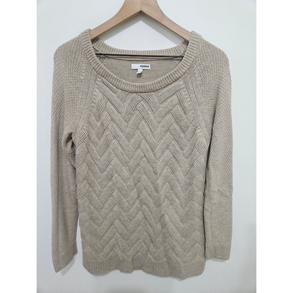Sonoma Goods For Life Womens Tan Chevron Knit Scoop Neck Pullover Sweater L